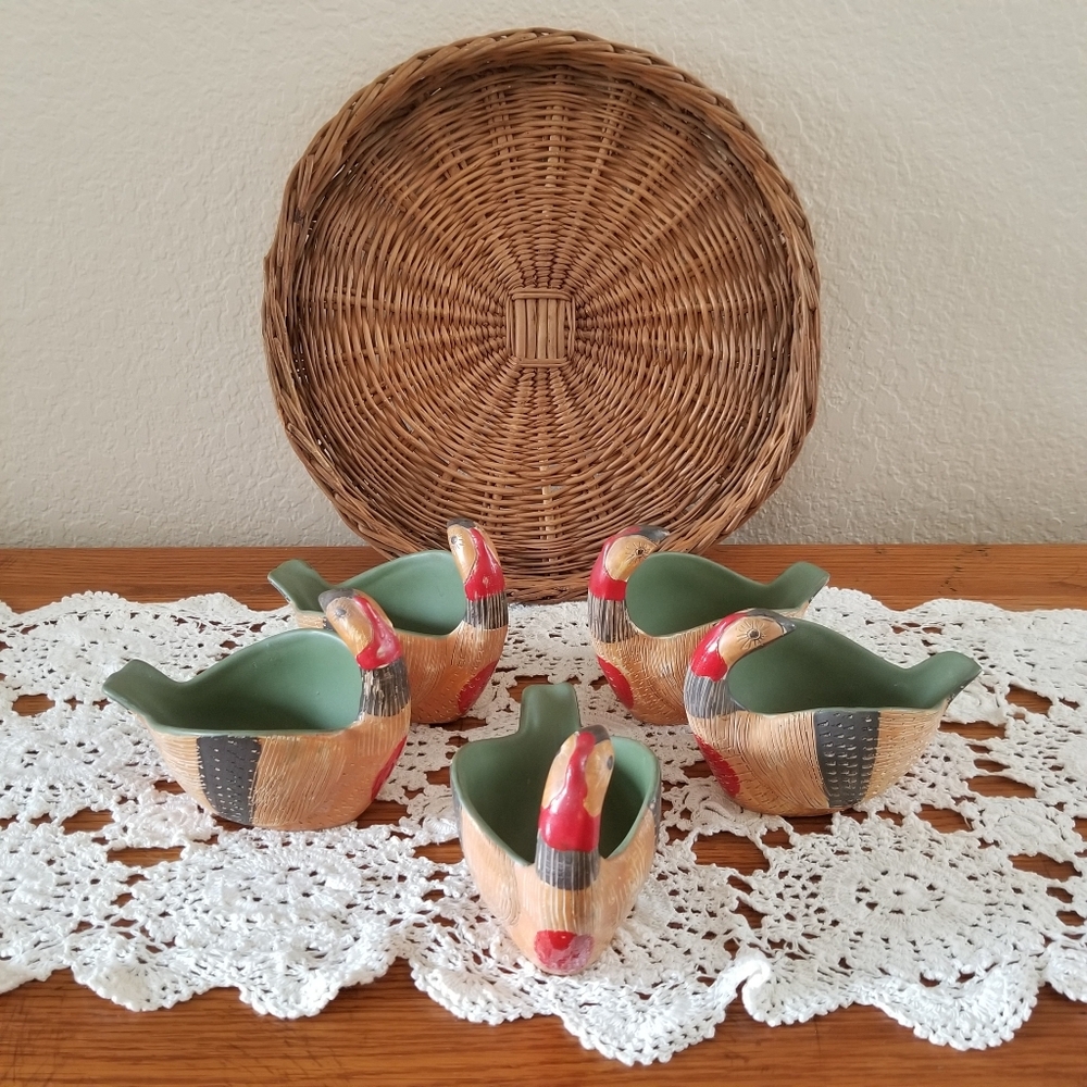 Vintage Set of 5 Bitossi Bird Quail Serving Ware Ceramic Bowls With Basket Tray